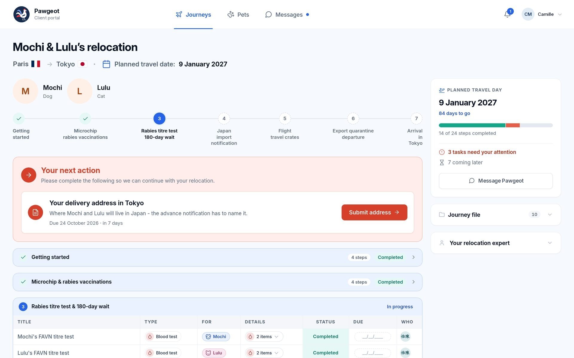 Online client portal (desktop): pet profile, countdown to departure, tasks and documents